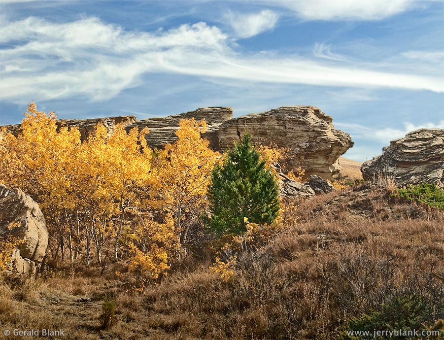 #02659 - Colorful autumn aspens and weathered sandstone formations near the Aspen Trail, Little Missouri National Grassland, Billings County, North Dakota - photo by Jerry Blank